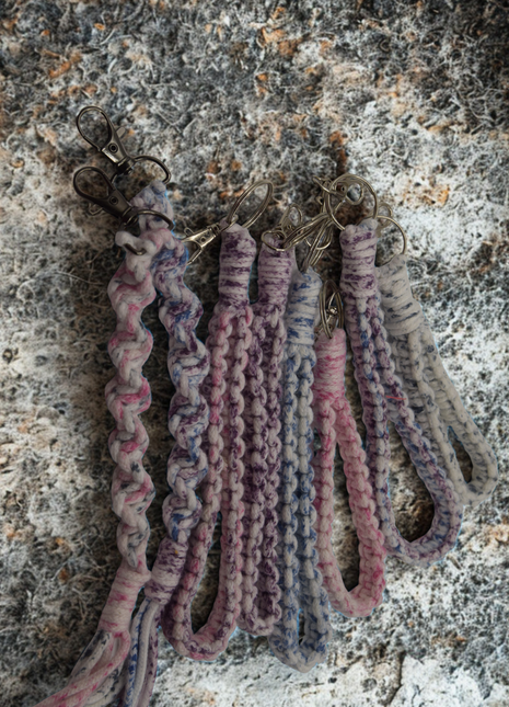 Handcrafted Macramé Wristlet & Keyring – 3mm Dot Gradient Core Rope | Blue, Pink, Purple & Grey | Twist, Standard & Wristlet Styles